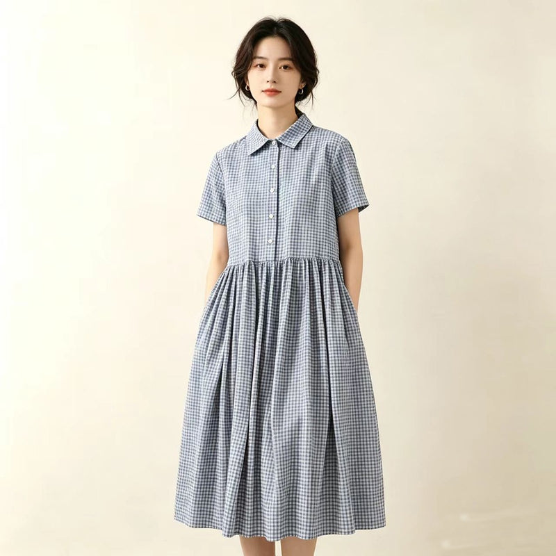 綿麻 ポロカラー チェック柄