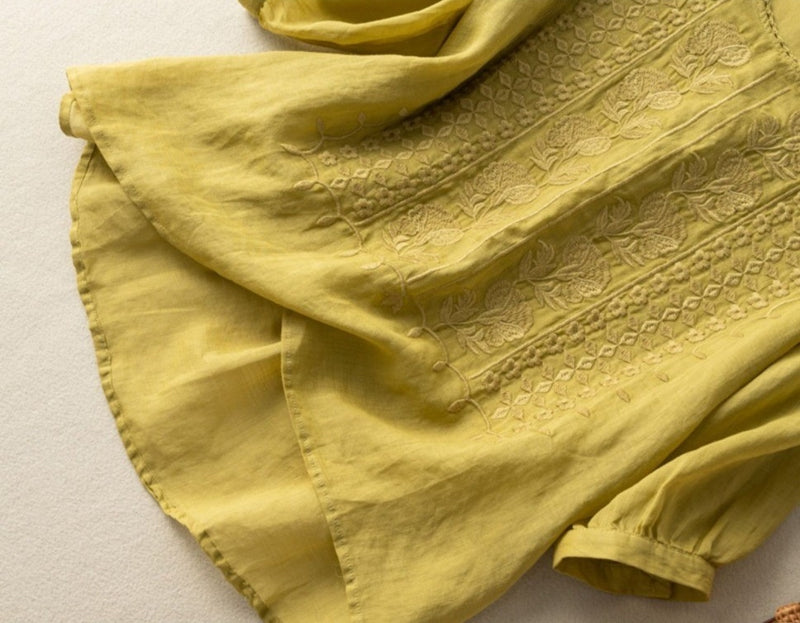 綿麻 刺繍 ラウンドネック 花模様 五分袖 Tシャツ