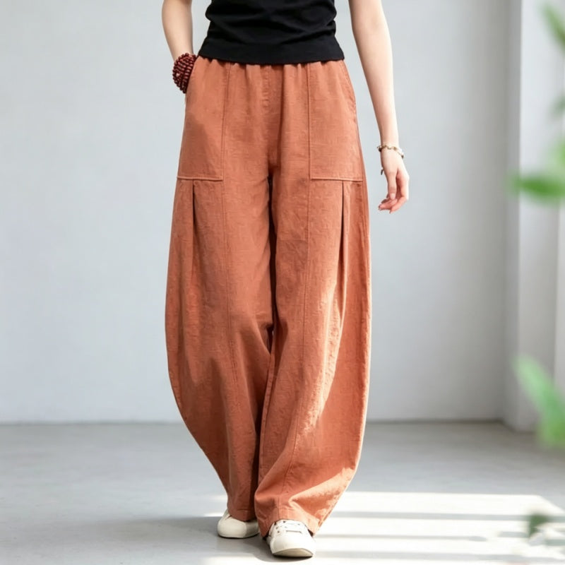 M~4XL リネン ロング丈 ポケット付き 無地 パンツ