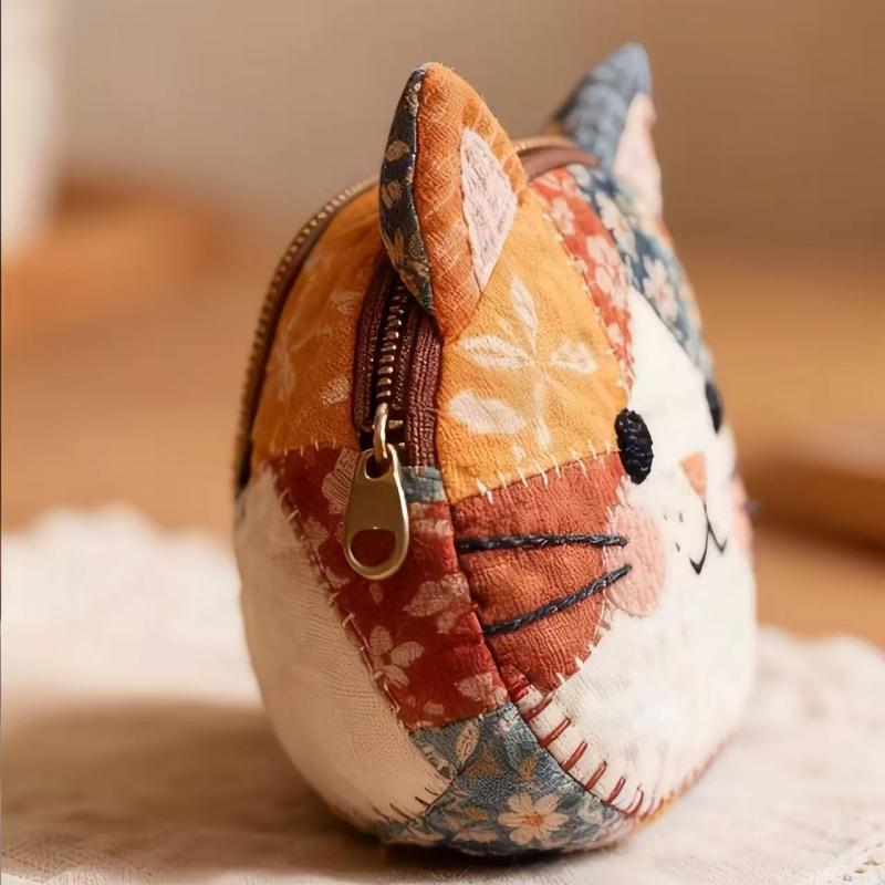 かわいい猫顔 ファスナー パッチワーク 布バッグ 財布 コインケース