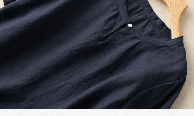 M~4XL 綿麻 無地 半袖 ラウンドネック ボタン シャツ