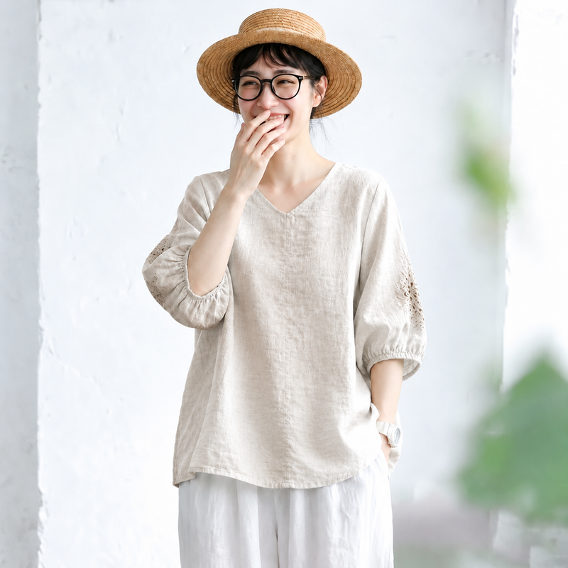 刺繍 レトロ 無地 Vネック Tシャツ
