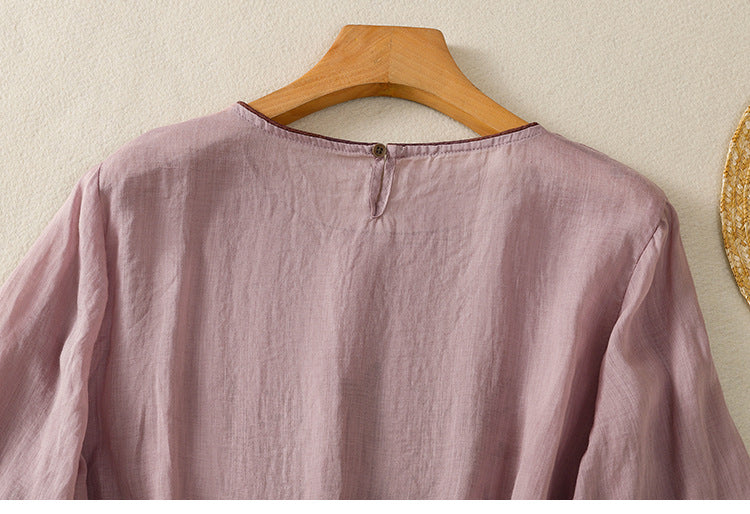 レトロ 刺繍 七分袖 ラウンドネック Tシャツ