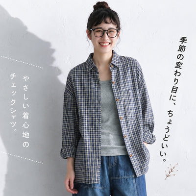 S-2XL チェック柄 ゆったり ルーズ感 ロングスリーブ 晩夏から秋 シャツ-ブルー-2XL