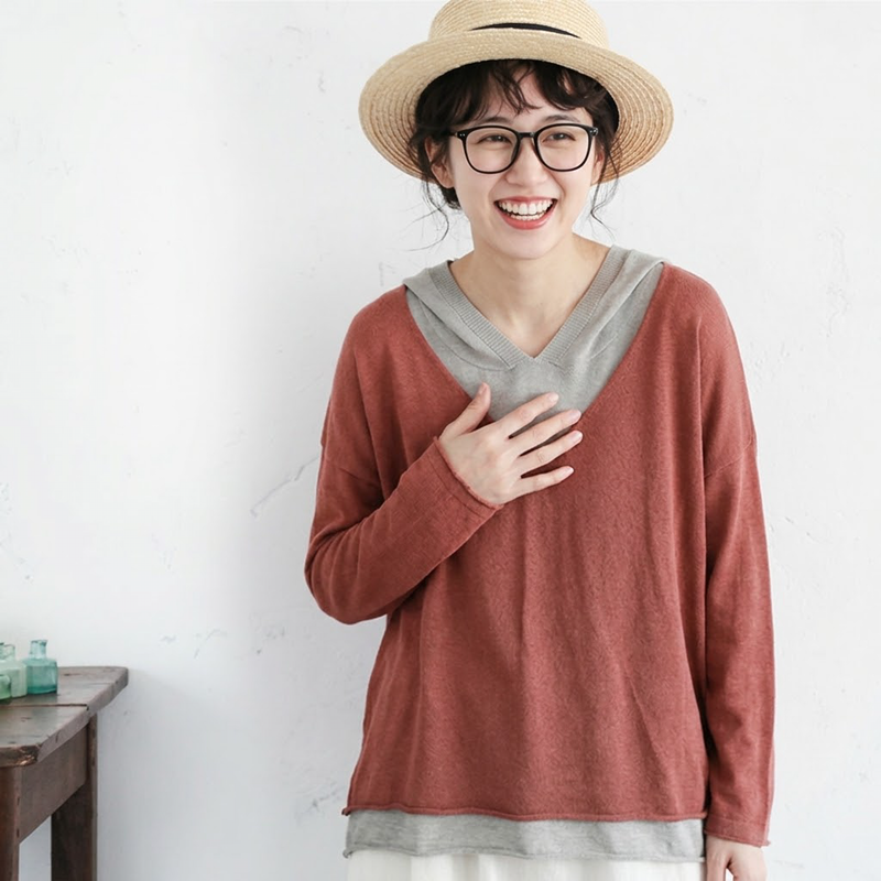 重ね着風 フード付き 配色 長袖 レトロ Tシャツ