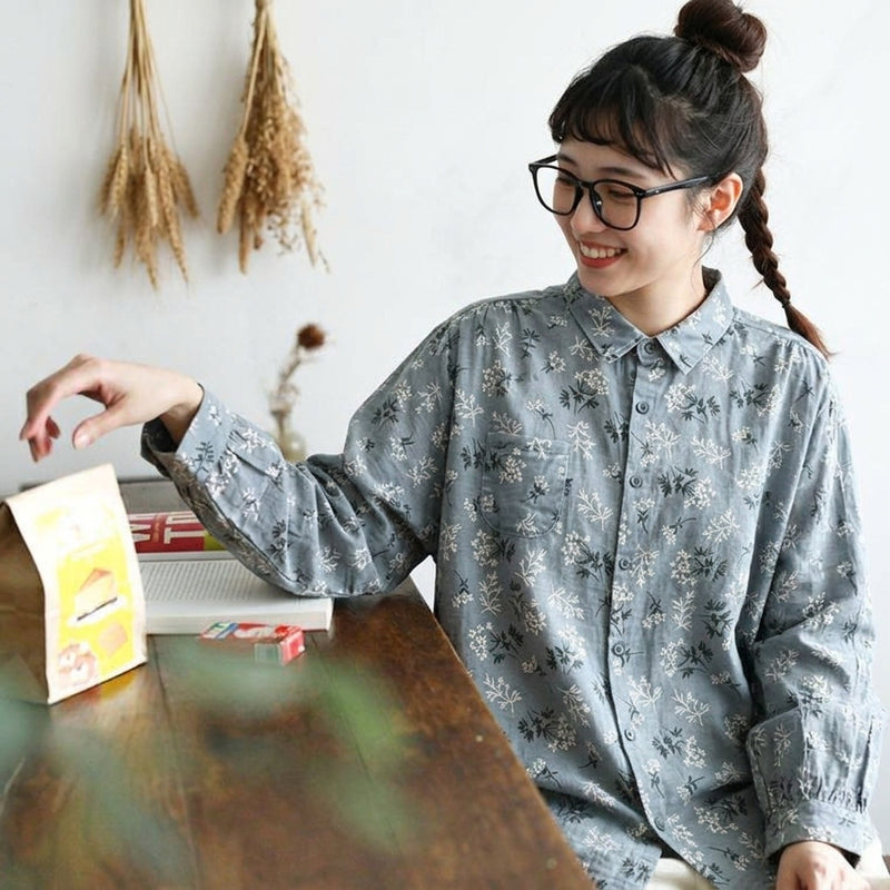 プリント 折り襟 シングルブレスト 長袖 シャツ