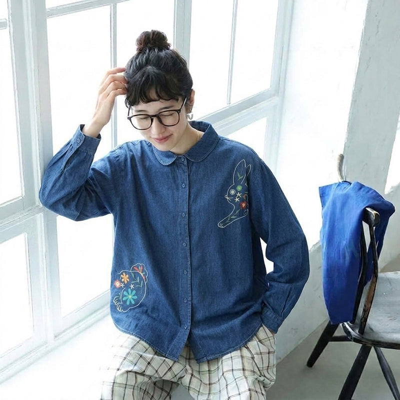 ボタン 長袖 刺繍 シャツ