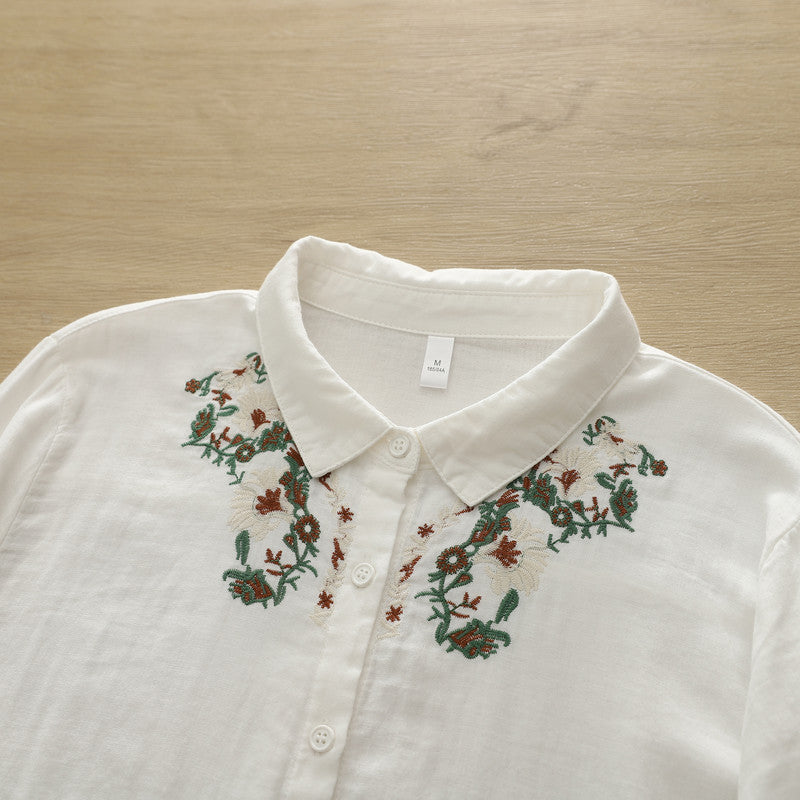 無地 長袖 刺繍 花模様 シャツ