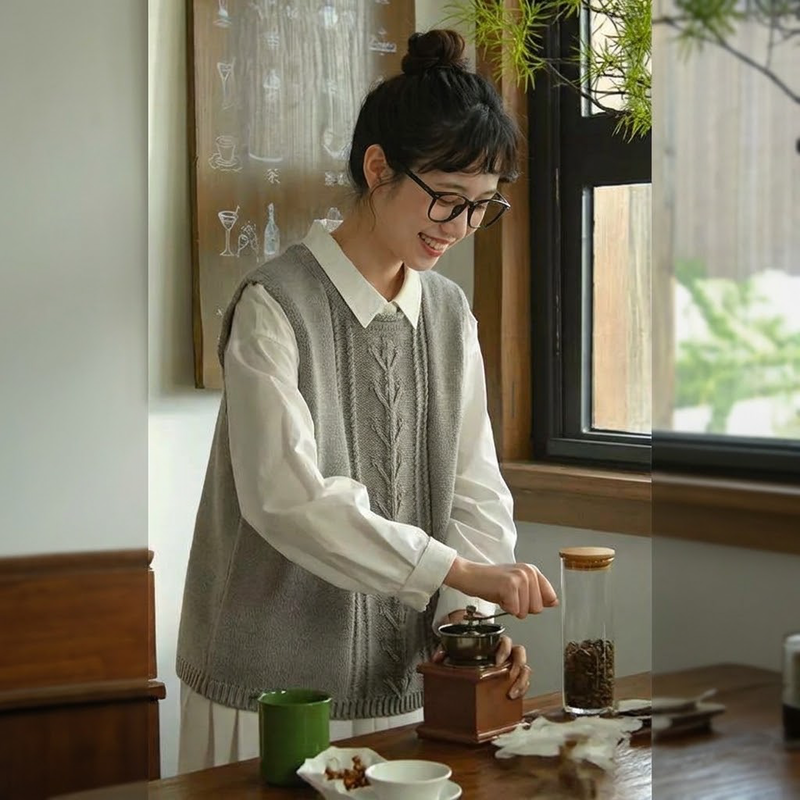 ノースリーブ ニット ラウンドネック 無地 レトロ ベスト