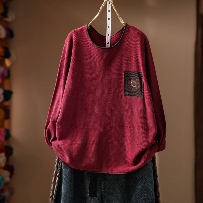レトロ 刺繍 長袖 ラウンドネック ニットセーター