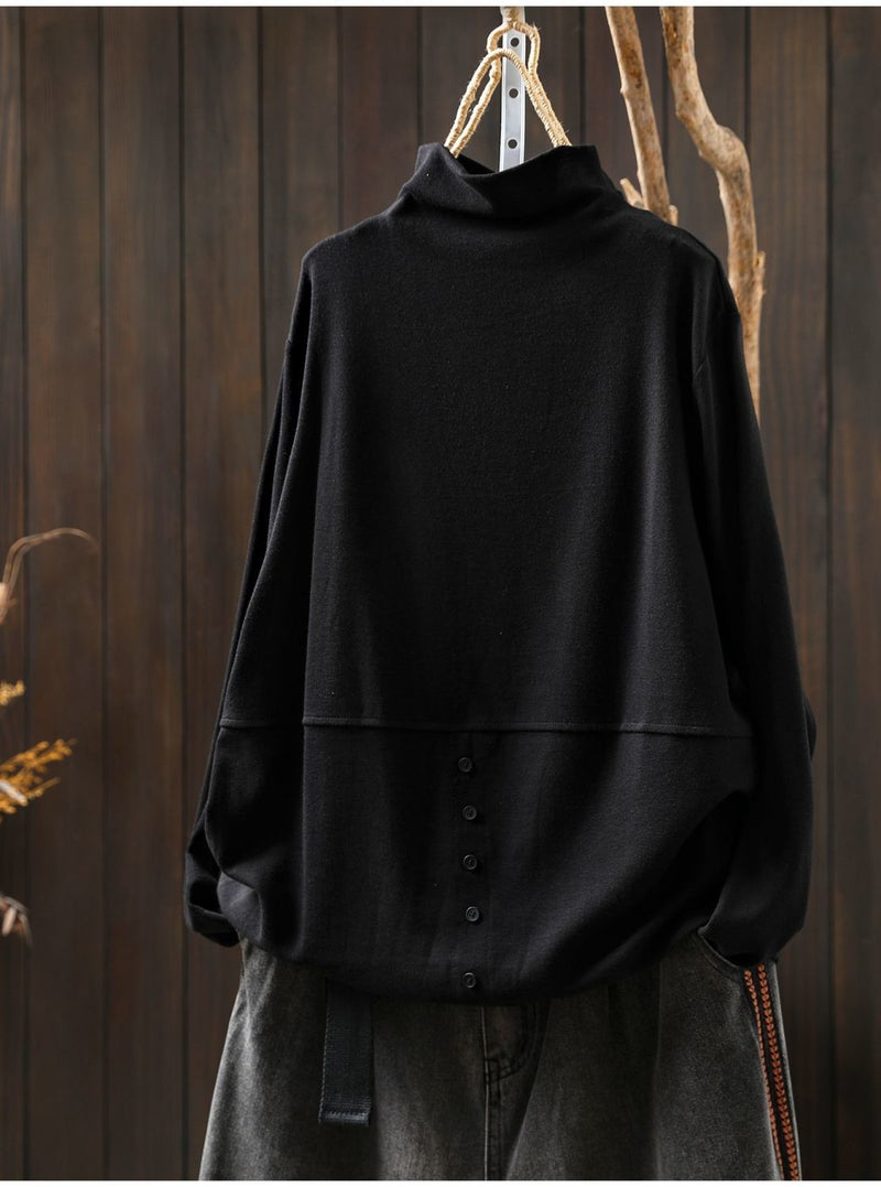 L~5XL モックネック バックボタン ルーズ レトロ 長袖 Tシャツ