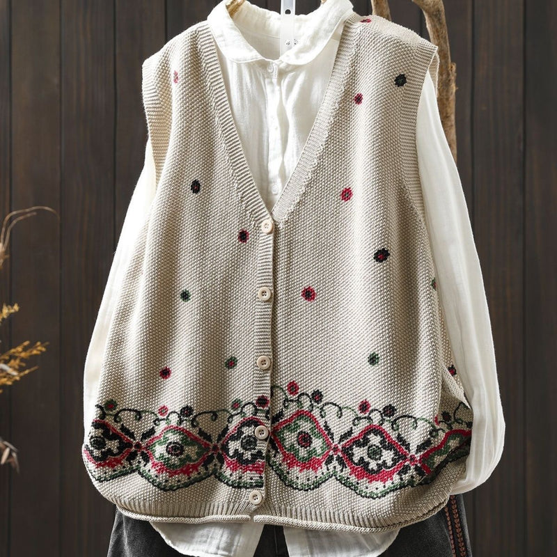 S~4XL Vネック 総柄ジャカード ボタン開き ゆったりシルエット レトロ ノースリーブ ニットベスト