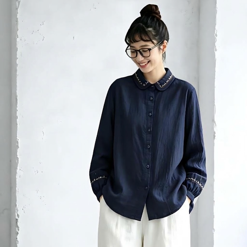バルーンスリーブ 無地 長袖 刺繍 パフカラー ボタン開き レトロ シャツ