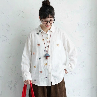 M-L『大人が着たいアイテム』 刺繍 無地 長袖 スウィート シングルブレスト 折り襟 シャツ-ホワイト (蝶)-L
