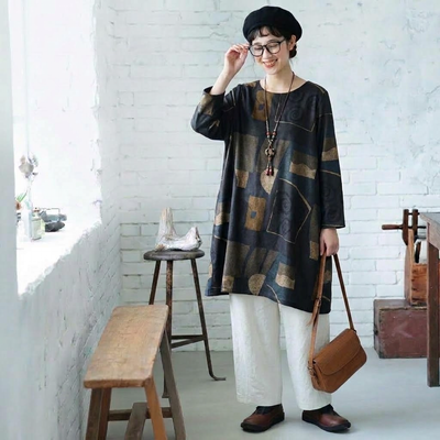 M-2XL プリント レトロ Aライン 長袖 ワンピース-オレンジ-2XL