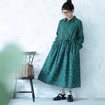 M-2XL 森ガール プリント 折り襟 長袖 Aライン ワンピース-ネイビー-2XL