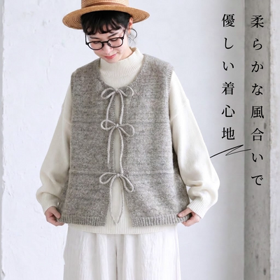 M-3XL 主役級 無地 リボン結び 上品見え ニット ベスト-パープル-3XL