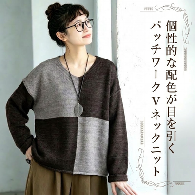 M-2XL 配色 チェック柄 ファッション ラウンドネック 長袖 ニットセーター-ブルー-2XL