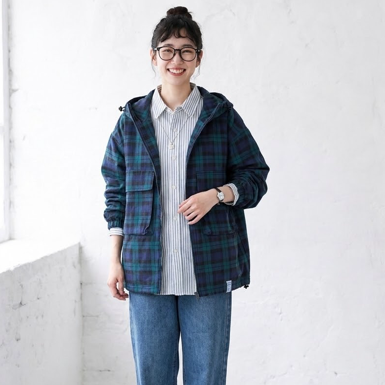M-2XL 流行の予感 チェック柄 長袖 シンプル フード付き ジャケット-グリーン-2XL