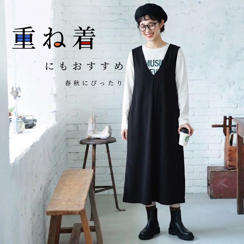 ML キレイ見え シンプル 大人っぽい ストレート ノースリーブ カジュアルワンピース-ブラック-L