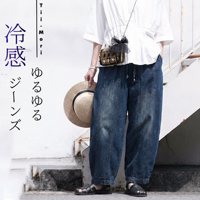 【コットン】S-5XL ポケット付き 上品見え 接触冷感 通気性良い 無地 ジーンズ-ブルー-5XL