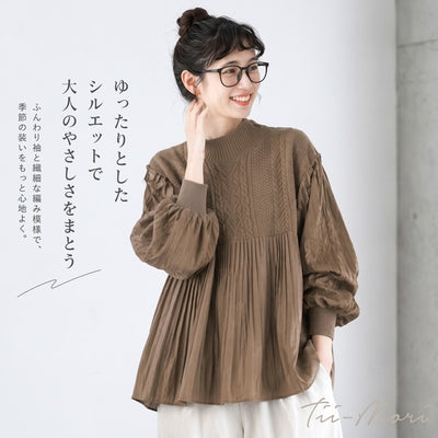 2色展開|ケーブル編み切替 ハイネック長袖ニット