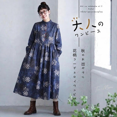 2色展開|花柄 コーデュロイロングワンピース