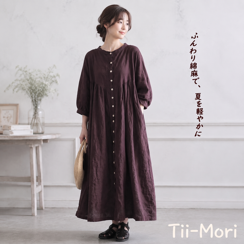 綿麻 バンドカラー長袖ストレートワンピース