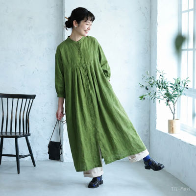 綿麻 長袖 リネングリーン ワンピース