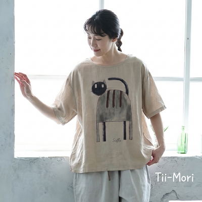 綿麻 ラウンドネック プリント プルオーバー 半袖 猫柄 Tシャツ