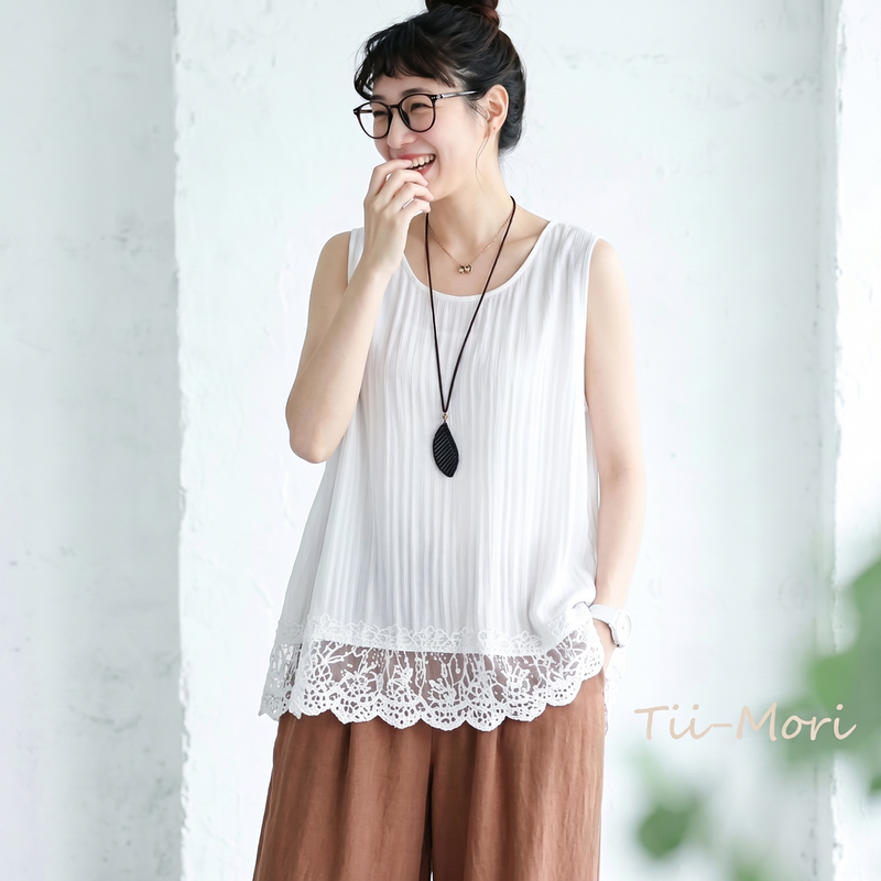 M~4XL 綿麻 無地 ラウンドネック レース タンクトップ