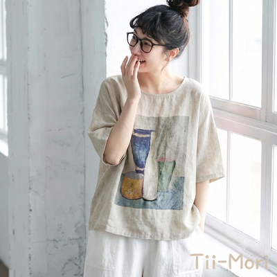 綿麻 プリント ラウンドネック レトロ Tシャツ