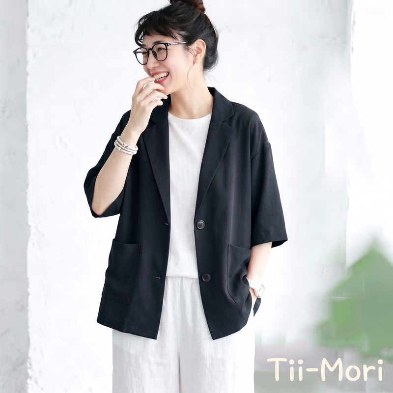 シフォン 無地 七分袖 ボタン スーツジャケット