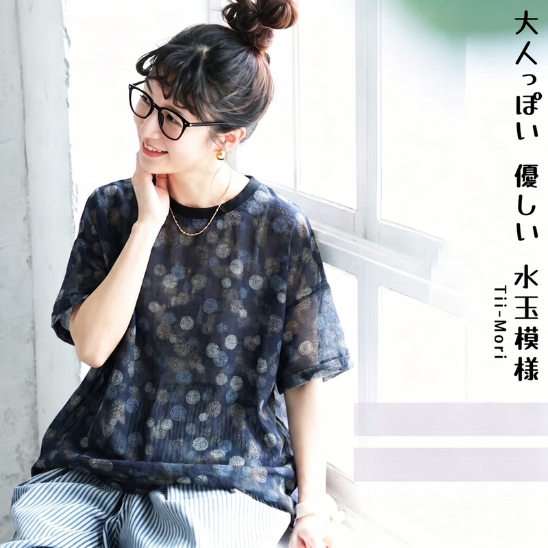 プリント ドット柄 半袖 ラウンドネック Tシャツ