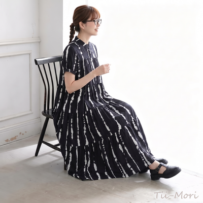 コットン素材 ストライプ柄 Aライン ロングワンピース
