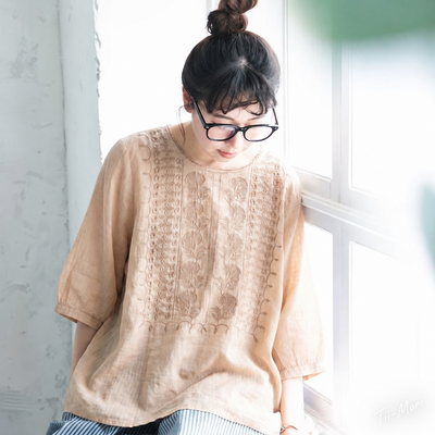 綿麻 刺繍 ラウンドネック 花模様 五分袖 Tシャツ
