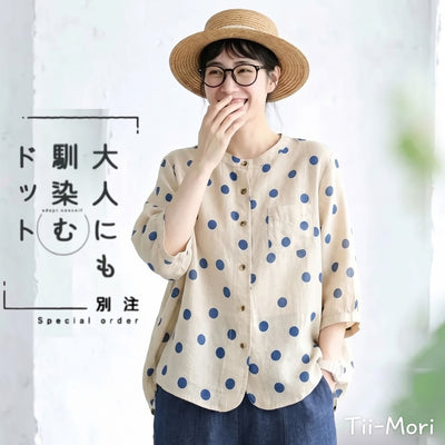 リネン ドット柄 ラウンドネック ボタン 五分袖 シャツ