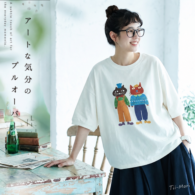 コットン プリント 半袖 ラウンドネック カートゥーン Tシャツ