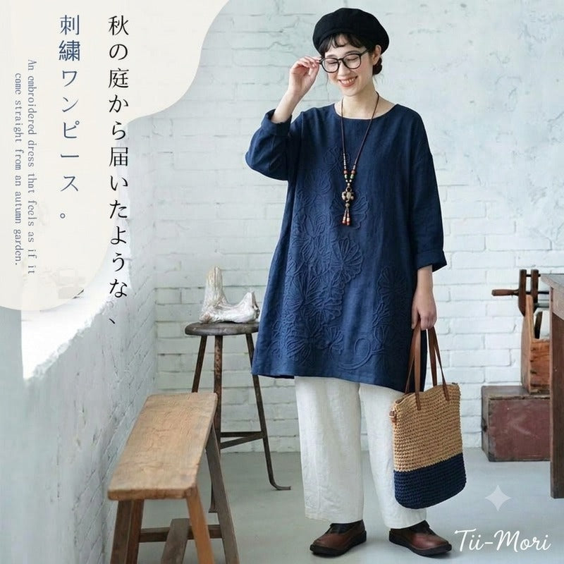 S~5XL 綿麻 刺繍ワンピース