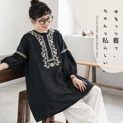 棉混 刺繍 ランタンスリーブ 無地 花模様 レトロ チュニック