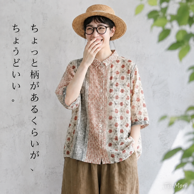 綿麻 小花柄プリント 五分袖シャツ