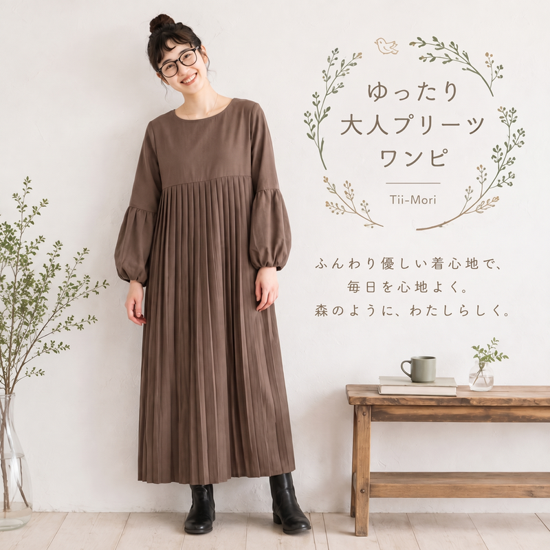 プリーツ 無地 ランタンスリーブ 九分袖 Aライン ワンピース