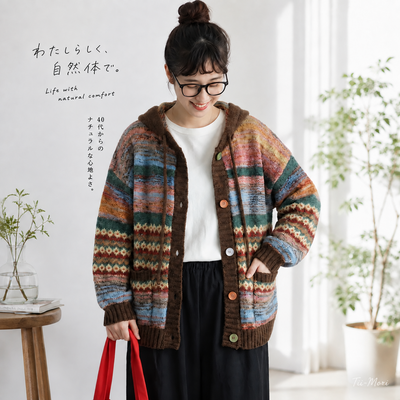 マルチカラー幾何学柄 フード付きニットカーディガン