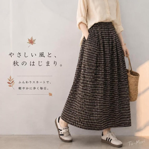 秋色 チェック柄 A ライン ミディ丈 スカート