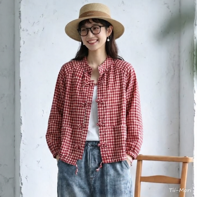 綿麻 チェック柄 長袖 バルーンスリーブ ボタン レトロ シャツ