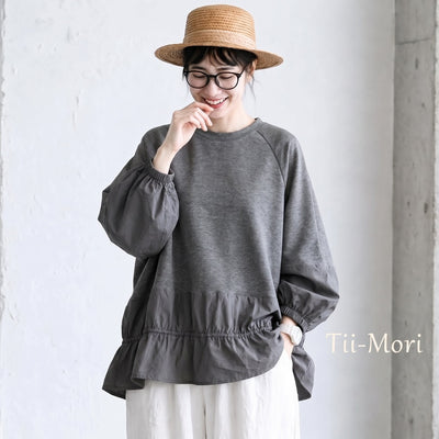 M~4XL 長袖 無地 切り替え ランタンスリーブ パーカー