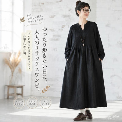 ピンタックデザイン ビッグシルエット ロング丈 ワンピース