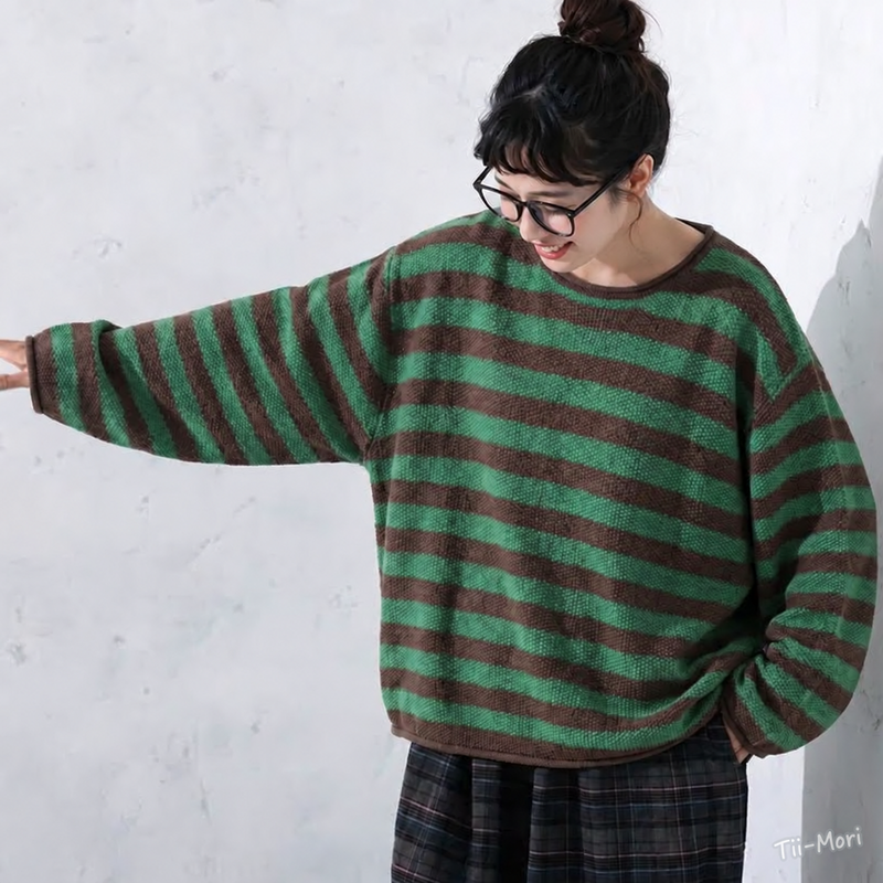 S~4XL ボーダー 長袖 ラウンドネック 配色 ニットセーター