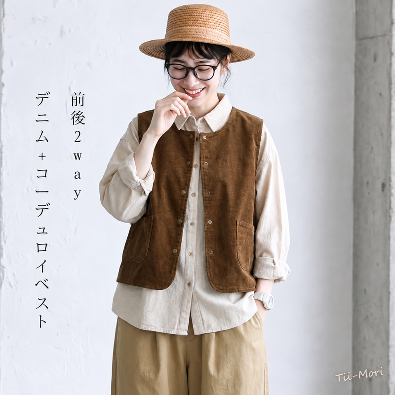 前後2way デニム コーデュロイ ベスト