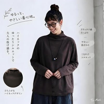 L~5XL モックネック バックボタン ルーズ レトロ 長袖 Tシャツ